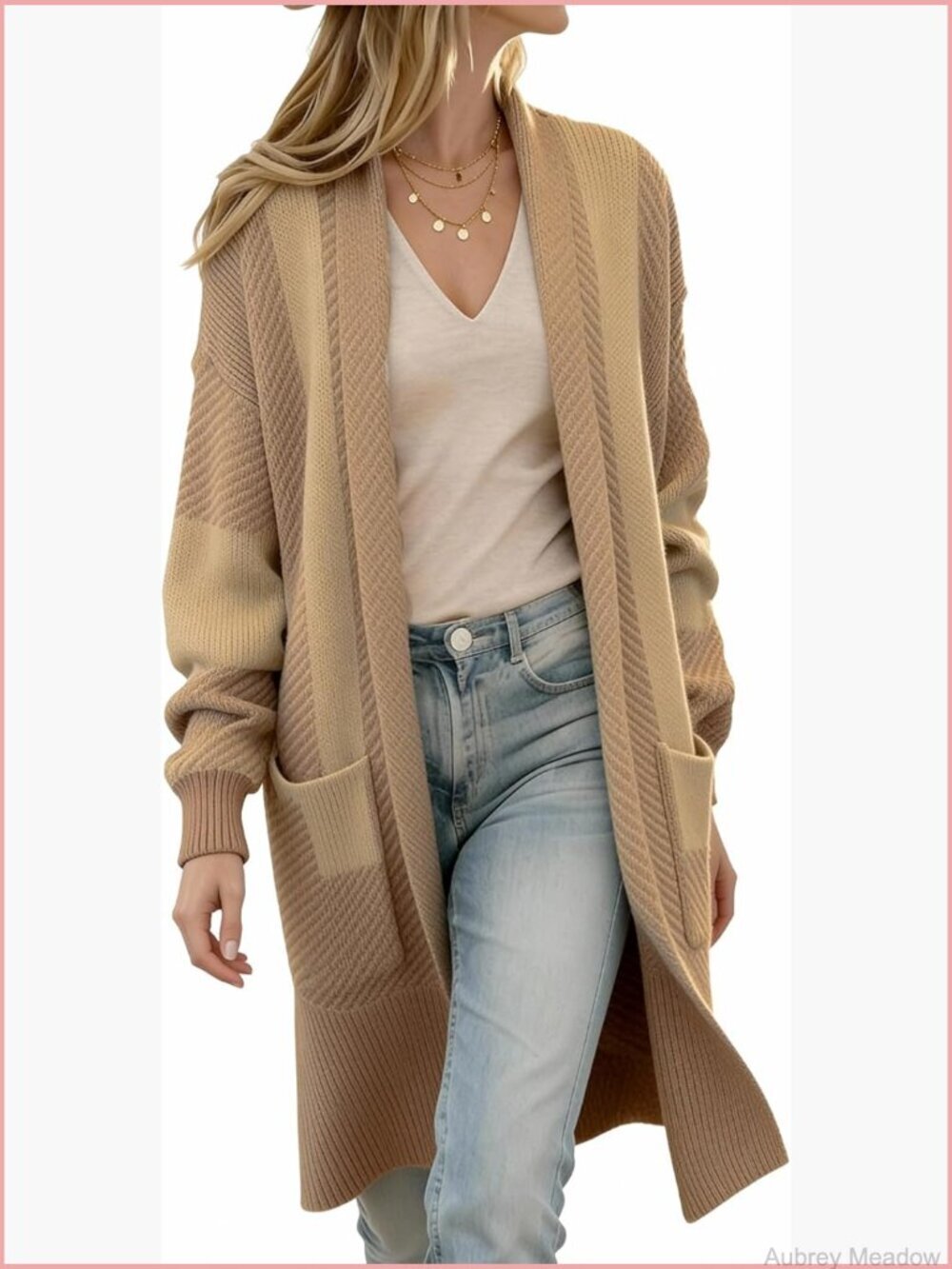 Chunky Open Front Cardigan Sweater Long Knit Color Block Patchwork V-Neck